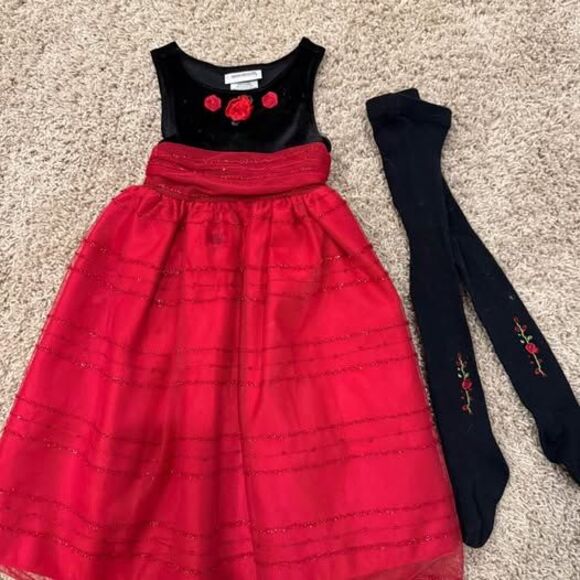 Girls Youngland Boutique Red/Black Christmas Twirl Dress Formal + Tights Size 4 - Picture 1 of 7